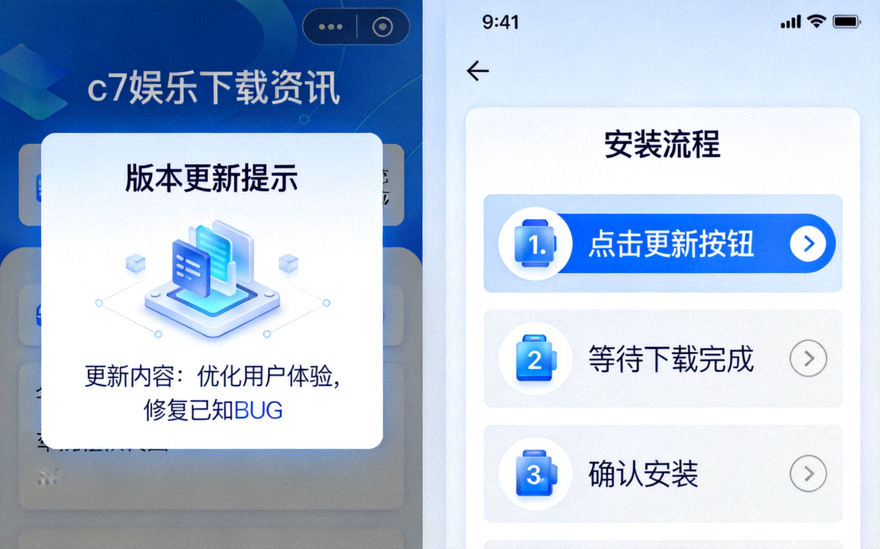 C7娱乐下载资讯配图：版本更新提示弹窗与安装流程操作界面示意